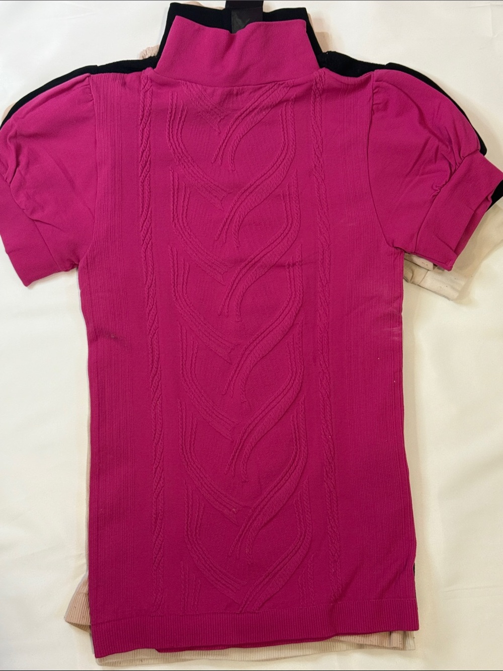 BEBE Puff Sleeve Ribbed Blouse with Mandarin Collar vintage